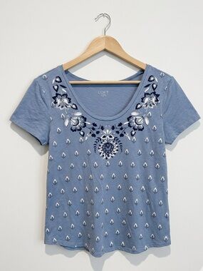LOFT Outlet 100% Cotton Periwinkle Blue And White Scoop Neck Cap Sleeve Tee NWOT